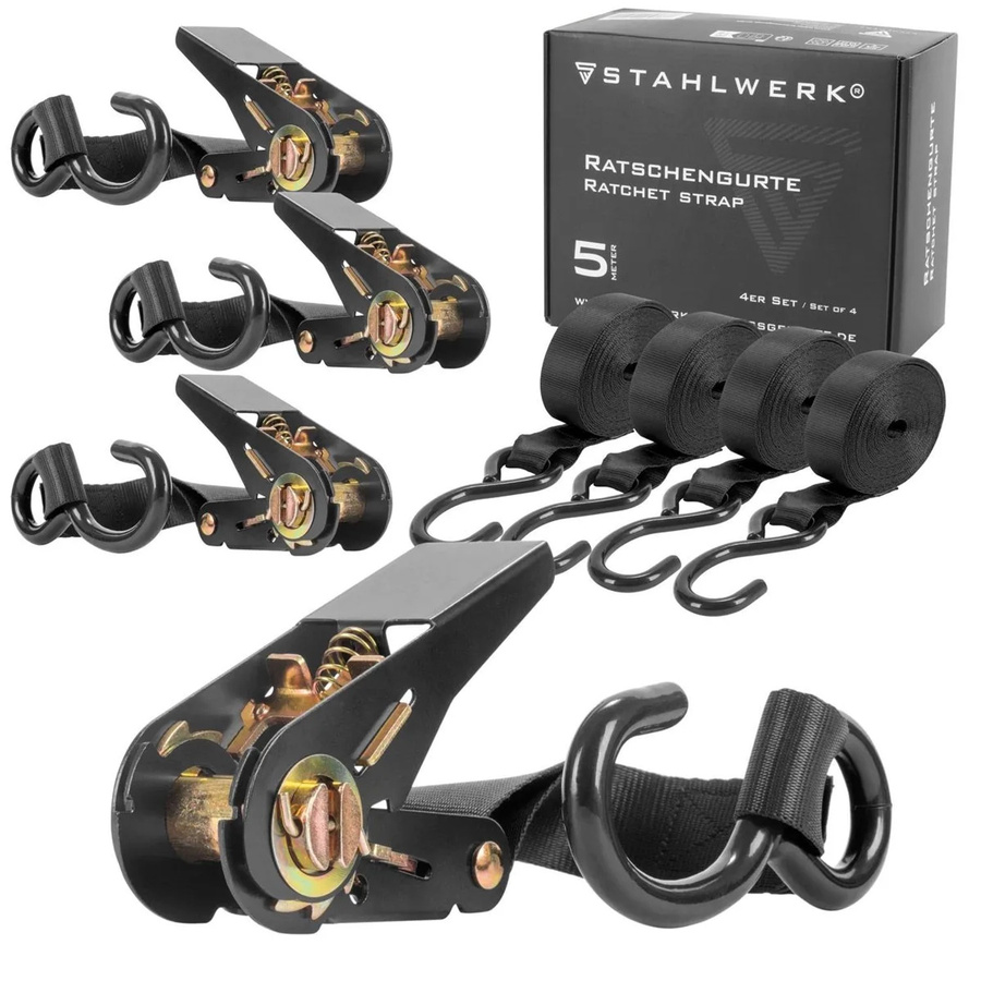 STAHLWERK Ratschengurt Set 4er Pack in Schwarz mit Haken, Länge: 5 m, Breite: 25 mm, Belastbarkeit: 800 kg - Bild 2