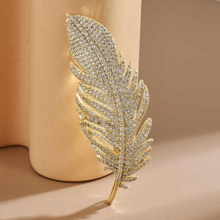 QATT Brosche, Feder-Design, Kristall, Gold, Unisex