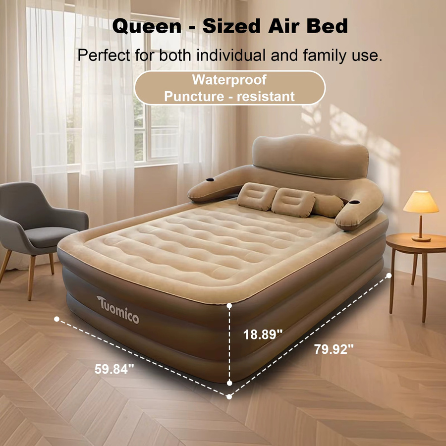Tragbares Luftkissenbett mit Kopfteil in Beige, aufblasbare Matratze für Camping und Zuhause, B/T: 150 x 200 cm - Bild 2