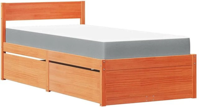 vidaXL Massivholz Bett mit Schubladen und Matratze aus Kiefernholz in Wachsbraun, B/T/H: 90 x 190 x 78 cm - Bild 1