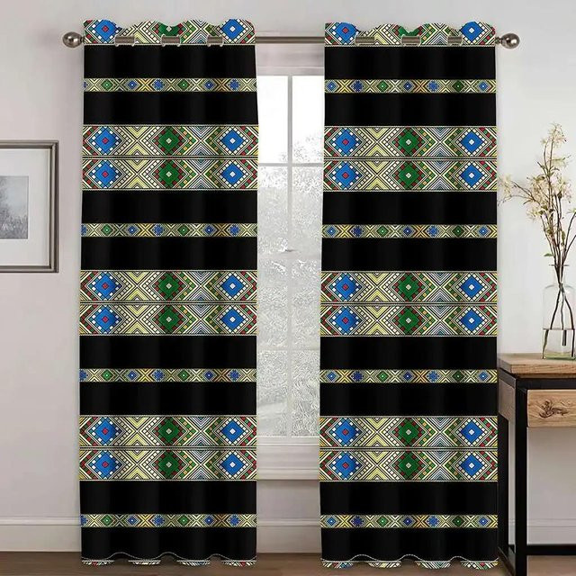 Traditionelle äthiopische und eritreische Vorhänge im Tilet-Design aus Polyester, Set mit 2 Stück, Schwarz, Breite: 50 cm, Höhe: 130 cm - Bild 1