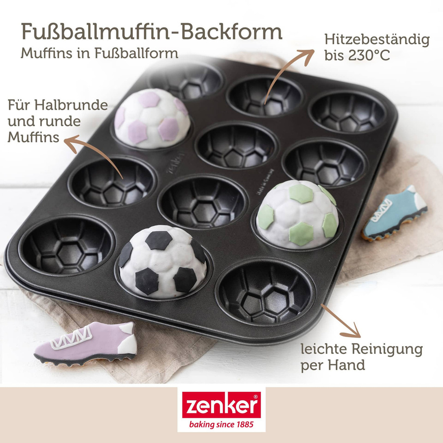 Zenker Soccer Muffinform Fußball, 12er, Schwarz, Antihaftbeschichtet, Rund - Bild 2