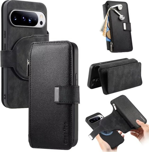 VYOPBC 2-in-1 Magnetische Lederhülle mit abnehmbarem Kartenhalter und MagSafe Brieftasche für Google Pixel 10 11 Pro XL 7 8 9 Pro XL 8A 9A in Schwarz oder Blau - Bild 1