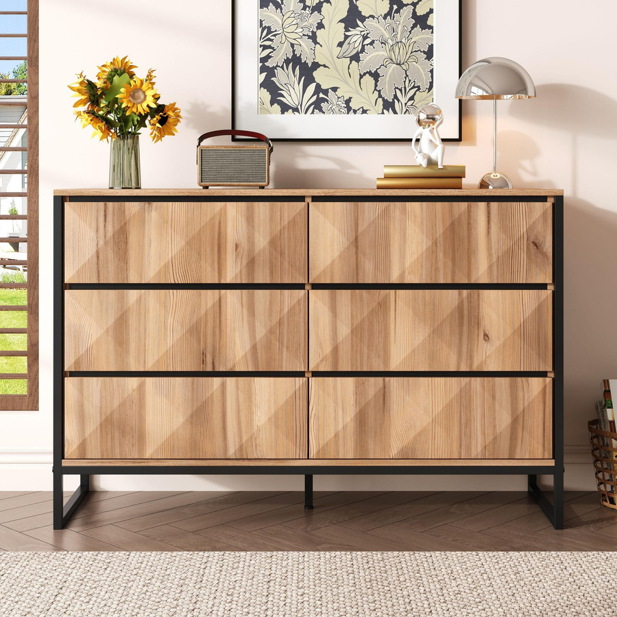 GL Store Sideboard im Industrial Design mit 6 Schubladen, geometrischen Fronten, schwarzem Metallrahmen und Holzoptik in Braun und Natur, B/T/H: 120 x 40 x 80 cm - Bild 2
