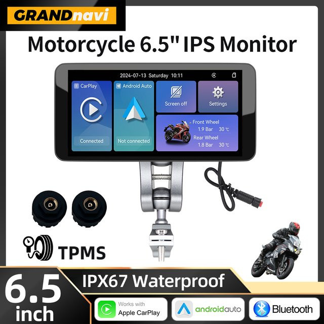 Grandnavi Motorrad Smart Display mit 6,5 Zoll Display, kabelloses Android Auto und CarPlay, IP67 wasserdicht, Bluetooth, Schwarz - Bild 1