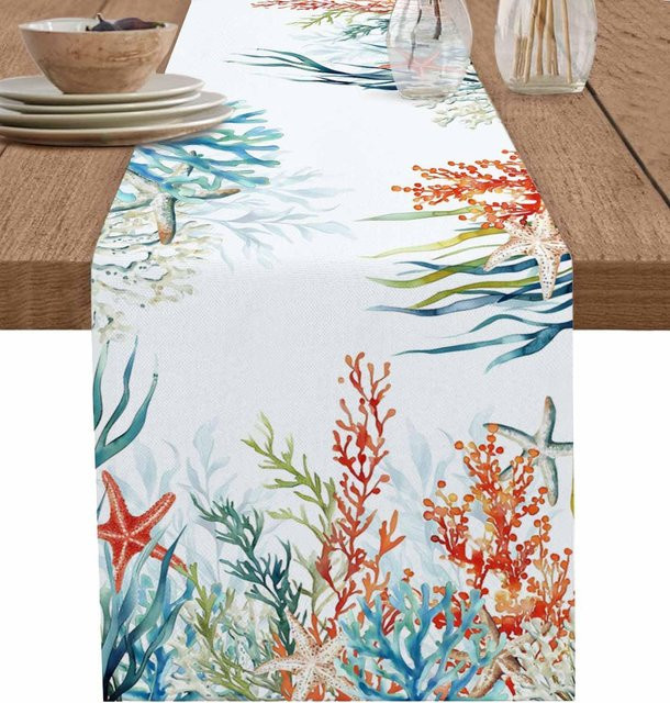 JMG Household Supplies Tischläufer aus Leinen mit Sommer Korallen und Seestern Motiv in Blau und Bunt, B/T: 150 x 33 cm - Bild 1