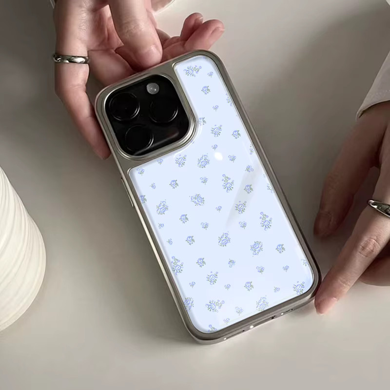 DecoPhone Stoßfeste Handyhülle mit blauem Blumen-Hydrogel und silbernem Rand für iPhone 17 16 15 14 Pro Max - Bild 3