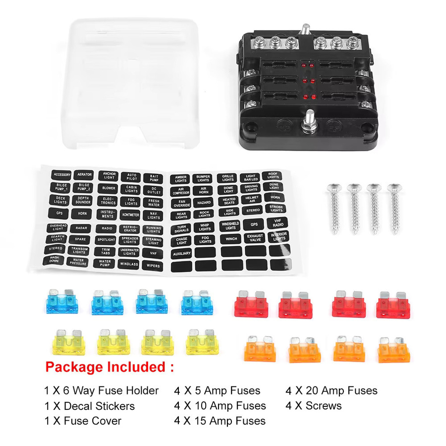 Dynoracing Blade Sicherungskasten Block mit LED Anzeige für Auto und Boot, 6-Wege & 12-Wege Stromverteilung Panel, wasserdicht, Schwarz - Bild 1