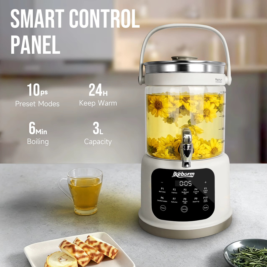 Keborn Smarter Elektrischer Glas-Wasserkocher mit Zapfhahn und Warmhaltefunktion, 3 l, Transparent - Bild 7