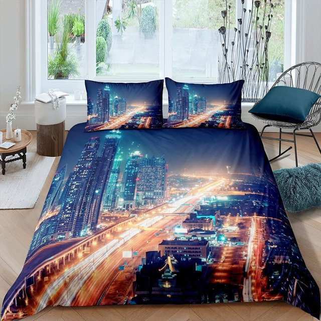 Binchi Outdoor Product Cityscape Bettwäsche-Set New York City Nachtansicht aus Mikrofaser, Blau, B/H: 135 x 200 cm - Bild 1