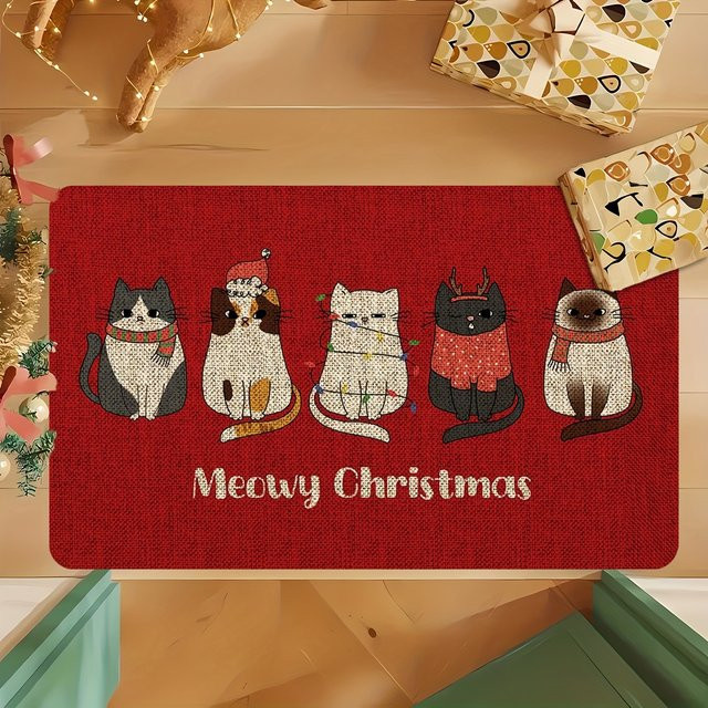 VIKAMA Weihnachtsteppich mit Cartoon-Katze in Rot, weicher Plüschteppich, rutschfest und saugfähig für Eingang, Küche oder Badezimmer - Bild 1