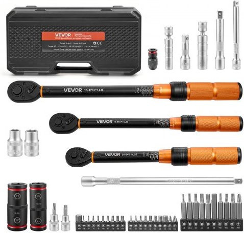 VEVOR Drehmomentschlüssel-Set 47-teilig mit 1/4 Zoll, 3/8 Zoll und 1/2 Zoll Antrieb, Chrom-Vanadium, inklusive Zündkerzenschlüsseln, Bits und Verlängerungsstangen in einer Aufbewahrungskiste für die Kfz-Reparatur - Bild 1
