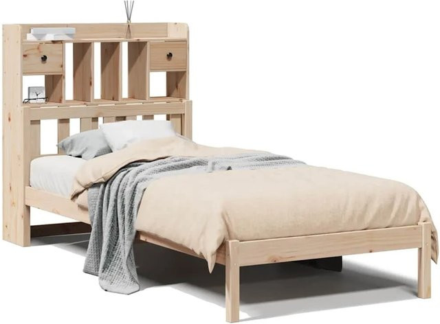 vidaXL Massivholzbett aus Kiefer mit Kopfteil und Regal in Braun, B/T/H: 90 x 190 x 110 cm - Bild 1