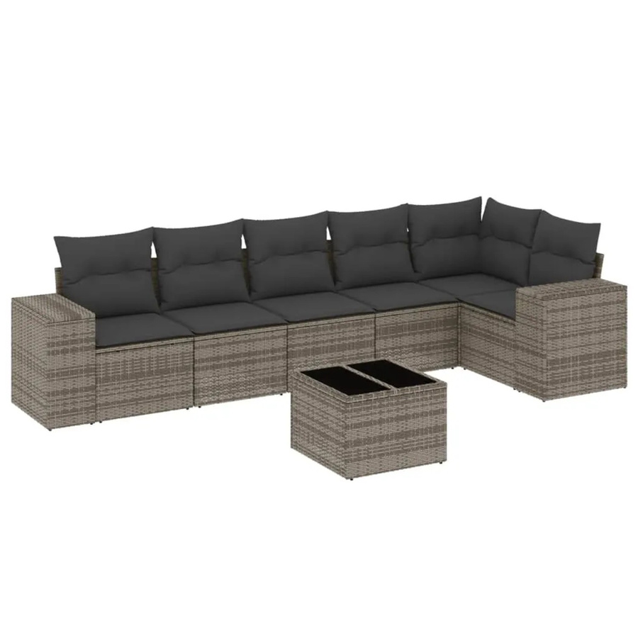 vidaXL 7-tlg. Garten-Sofagarnitur in L-Form aus grauem Poly-Rattan mit Kissen und Armlehnen - Bild 2