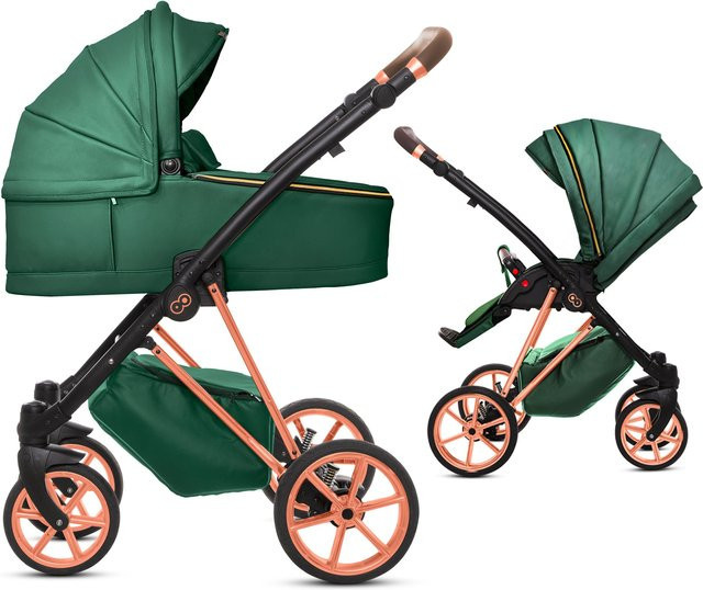 TPFLiving 2in1 Kinderwagen Royal aus Kunstleder in Grün mit Gestell in Roségold - Bild 1