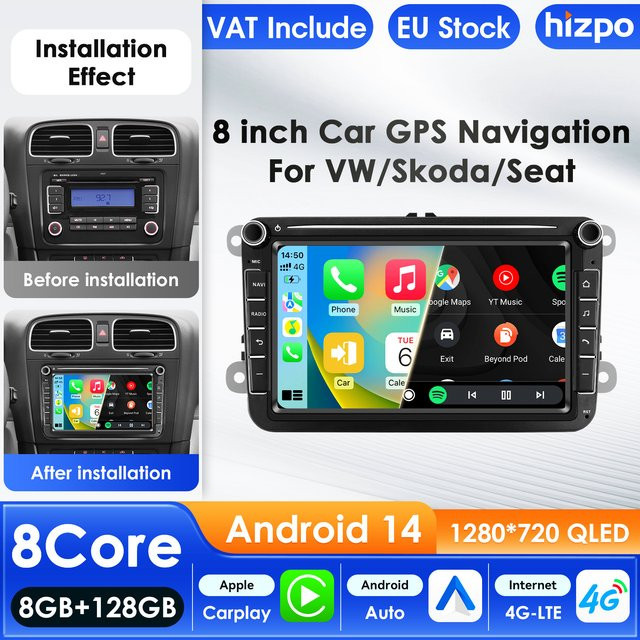 Hizpo 2Din Android 14 Autoradio mit 7 Zoll Display, Carplay und 4G AI-System für Volkswagen Golf 5 6, Polo, Passat B6 B7 CC und Skoda Jetta, Schwarz - Bild 1