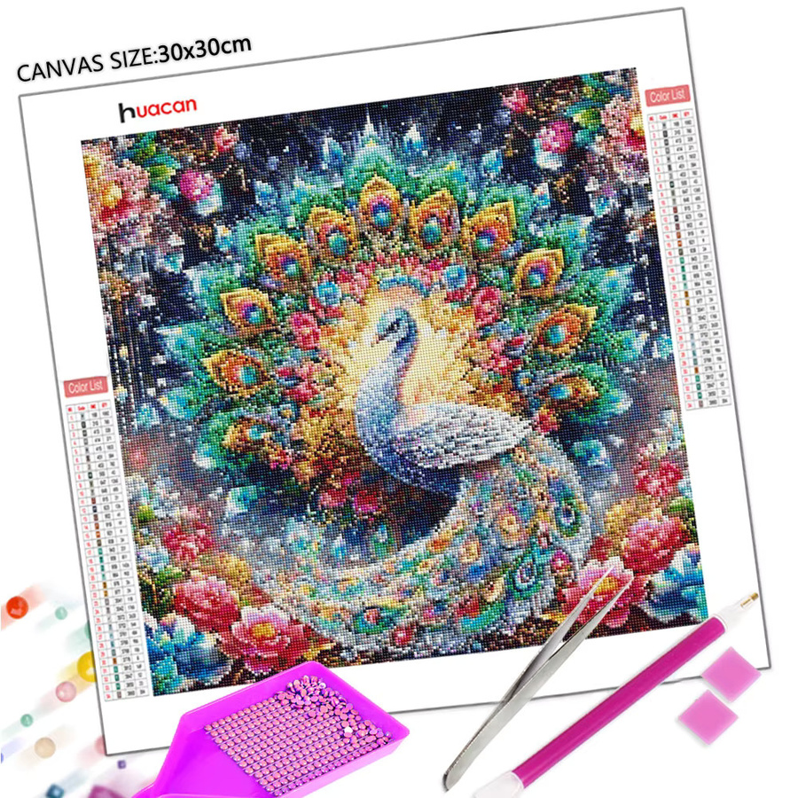Huacan 5D DIY Diamantmalerei Pfau und Lotus als Diamantmosaik mit bunten Strasssteinen, Farbe: Multicolour, B/H: 20 x 20 cm - Bild 2