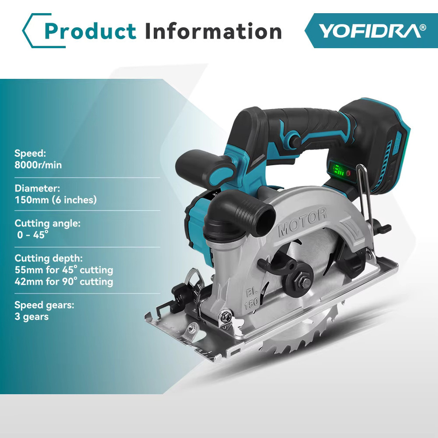 YOFIDRA Bürstenlose Akku-Kreissäge 150 mm Multifunktions-Holzbearbeitung-Cutter kompatibel mit Makita-Akkus - Bild 2