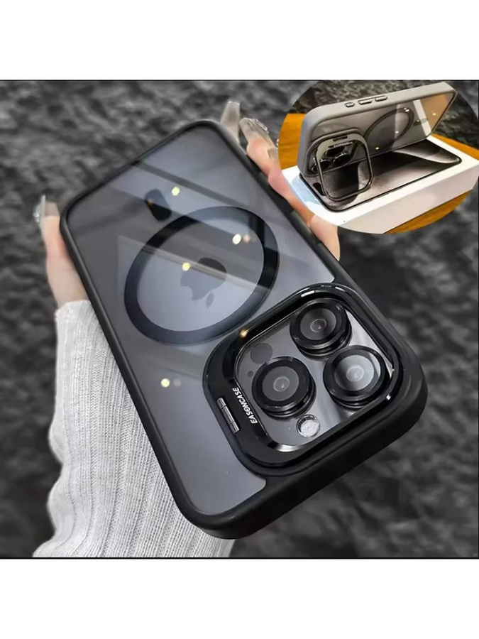 EIENACOCO Magnetische Stoßfeste Handyhülle für iPhone 17 16 15 14 13 12 Pro Max mit MagSafe, Standfunktion und Glaslinsenschutz in Grau - Bild 3