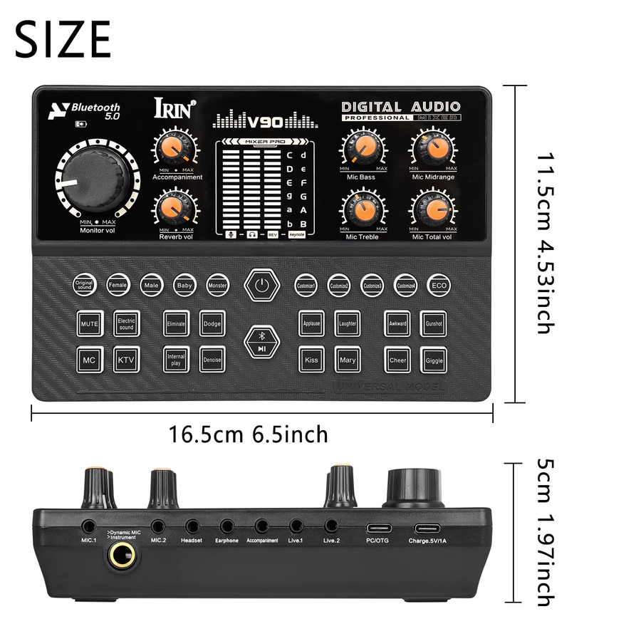 IRIN V90 Soundkarte in Schwarz mit Stimmverzerrer und 3-Band-EQ-Reverb für Live-Streaming, Karaoke und Aufnahmen mit Mikrofon, kompatibel mit PC, Mac, iOS und Android - Bild 2