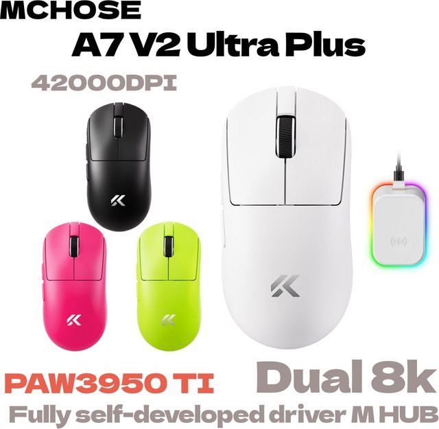MCHOSE A7 V2 Ultra Plus Kabellose Gaming-Maus in Schwarz mit 8.000 Hz Polling Rate und PAW3950 TI Sensor für Esports und Büro - Bild 1