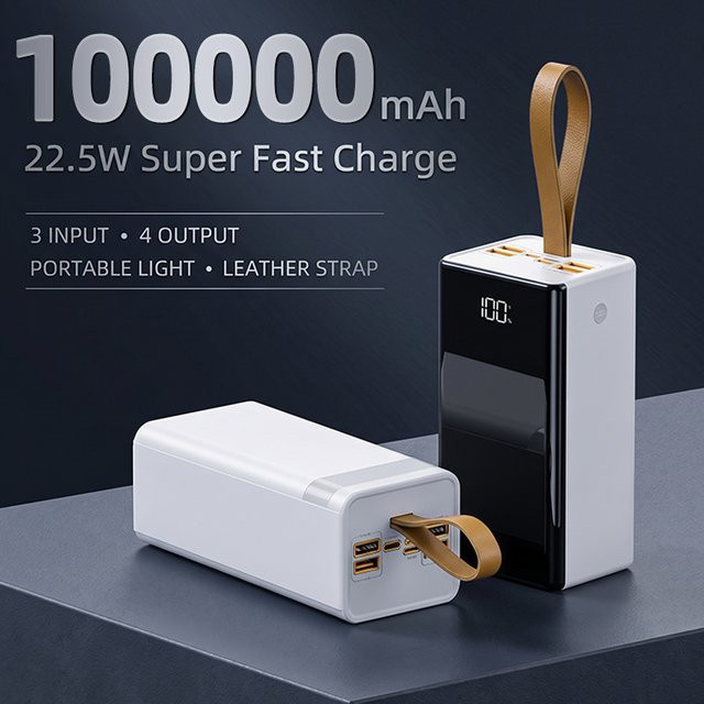 Cohana Powerbank 100000mAh mit 22,5W Schnellladefunktion, schwarzes tragbares Ladegerät mit LED-Digitalanzeige, integrierter Taschenlampe und Tragegurt zum gleichzeitigen Laden von 7 Geräten - Bild 1
