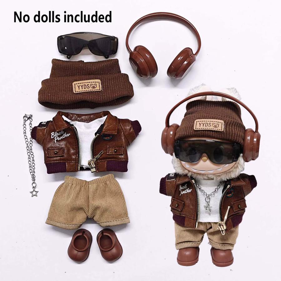 XMWL Labubu Puppenkleidung, braunes Retro-Lederjacken-Set, 15 cm-17 cm - Bild 2