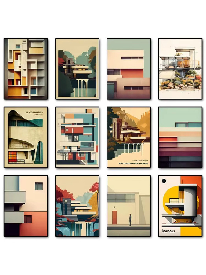 Abstraktes Leinwandgemälde Fallingwater House im Bauhaus-Stil von Potdemiel, mehrfarbige Wandkunst für dein Zuhause - Bild 3