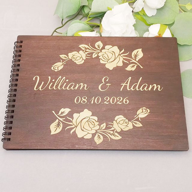 Personalisiertes Hochzeits-Gästebuch aus Holz mit Lasergravur, braunes Fotoalbum-Sammelalbum mit Hardcover - Bild 1