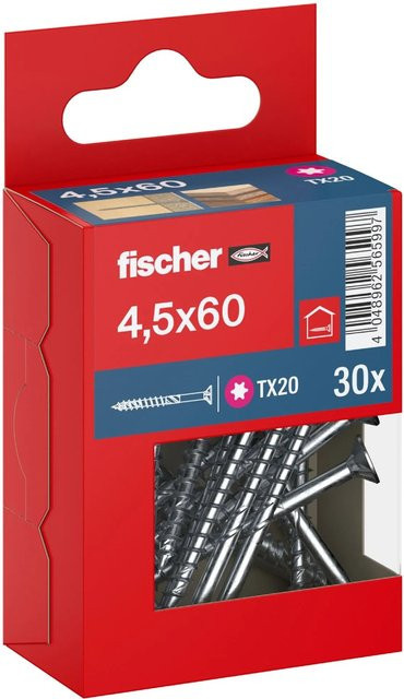 Fischer PowerFast II Senkkopf Teilgewinde Schraube aus Stahl, Torx, verzinkt, Farbe: Silber/Blau, Durchmesser: 4,5 mm, Länge: 60 mm, 30 Stück - Bild 1