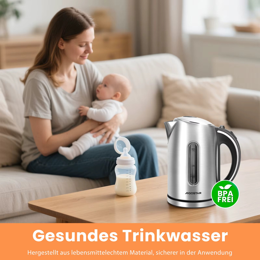 Aigostar Wasserkocher Edelstahl Silber, 1,7 l, 2200 Watt mit Kalkfilter und Abschaltautomatik - Bild 5