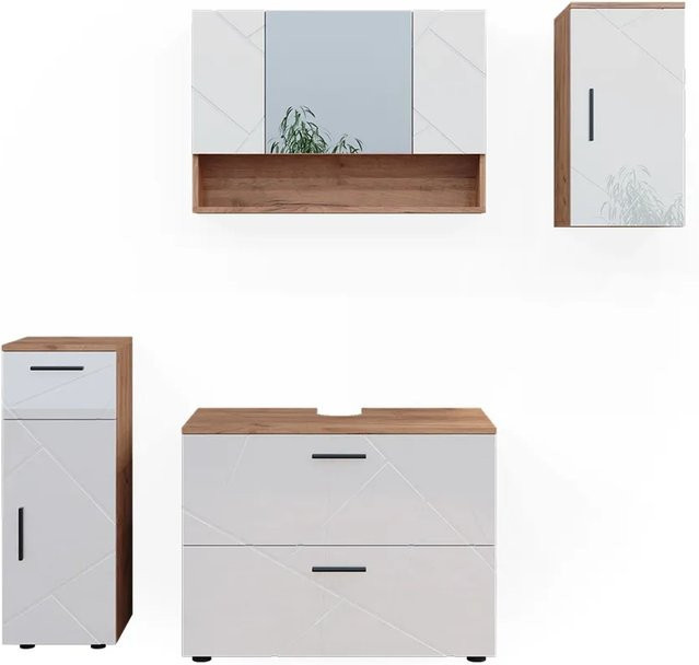 Vicco Badmöbelset Irma in Eiche und Weiß Hochglanz, modernes 4-teiliges Badezimmer-Set - Bild 2