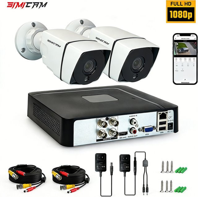 SIMICAM Videoüberwachungsset mit 4CH DVR und 2 wasserdichten Metall-CCTV-Kameras in Weiß, HD 1080P/720P mit Nachtsicht - Bild 1
