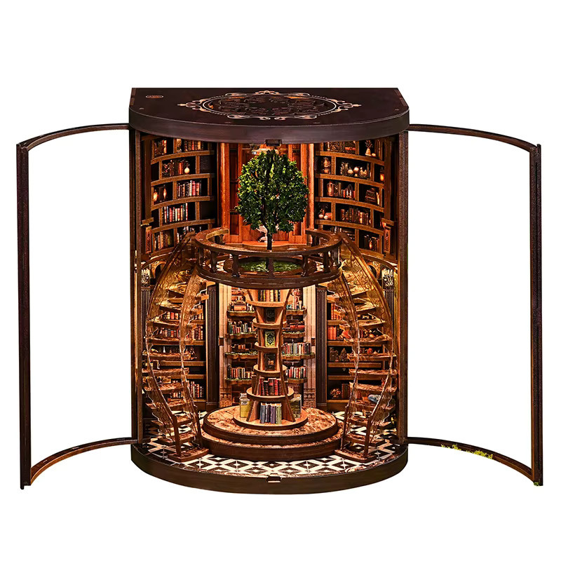 DIY Holz Buch Nook Miniaturen Weisheit Ringe Buchstütze in Braun - Bild 2