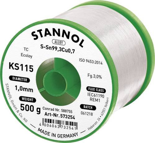 Stannol KS115 Bleifreies Lötzinn Sn99,3Cu0,7 ROM1 in Silber, 1mm, 500g - Bild 1