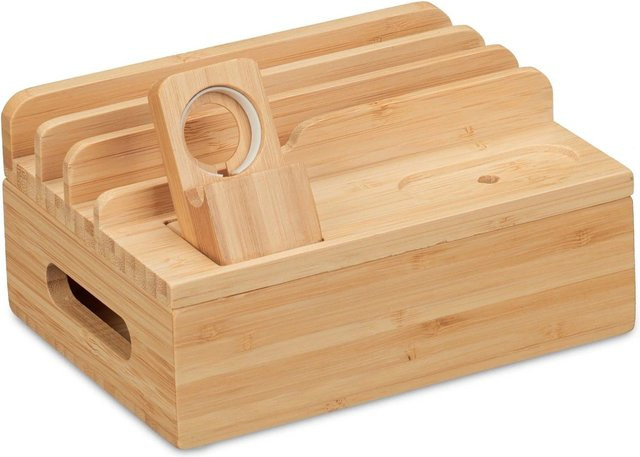 Relaxdays Ladestation aus Bambus mit Magnetverschluss und rutschfester Oberfläche für Apple Watch, Natur/Braun, B/T/H: 17 x 11 x 13 cm - Bild 1