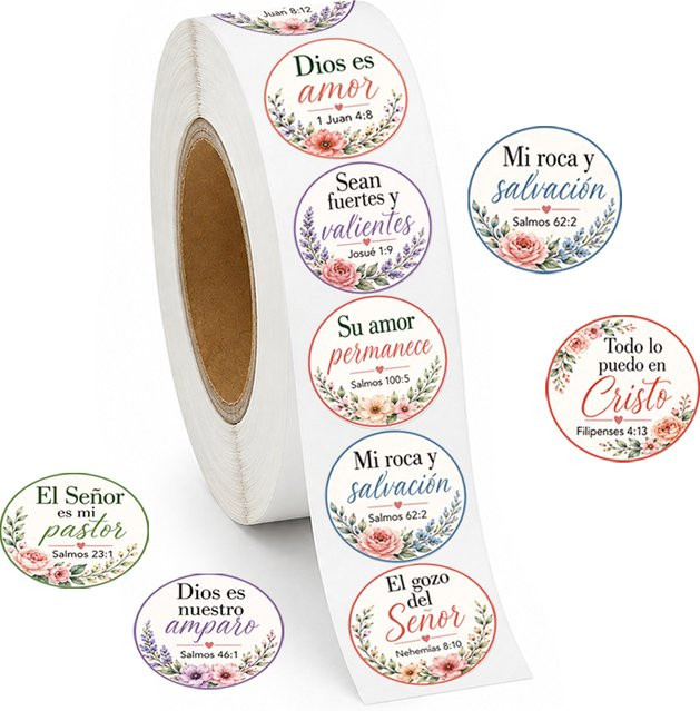 500 Stück Spanische Bibelvers-Aufkleber-Rolle mit 10 floralen Schriftdesigns in Multicolour für Geschenkverpackungen und Tagebücher - Bild 1