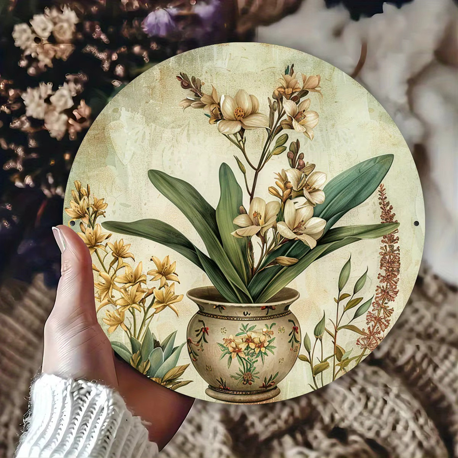 Potdemiel Wandkunst aus Metall mit floralem Vintage-Blumendesign in Weiß und Grün, Durchmesser: 20,3 cm - Bild 2