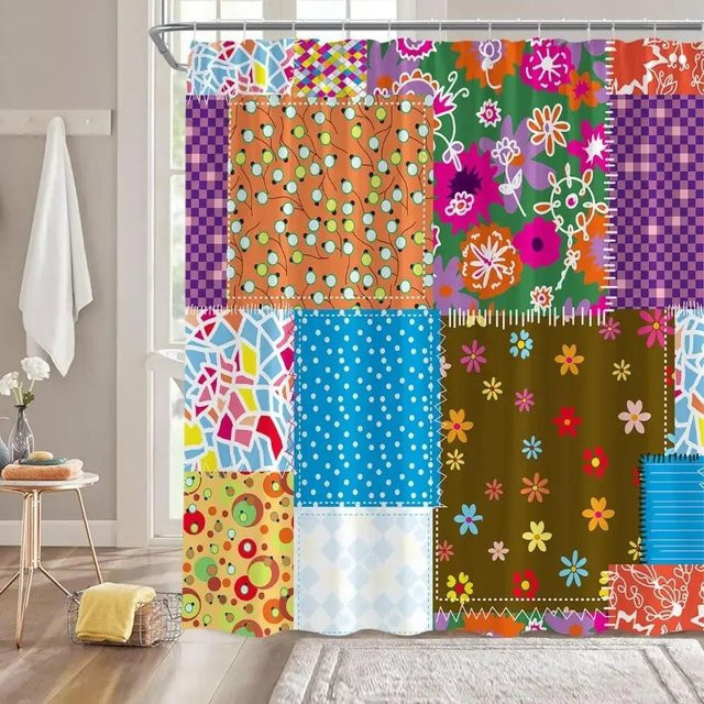 Wasserdichter Duschvorhang mit böhmischem Patchwork-Blumenmuster von Household supplies MH in Mehrfarbig, B/H: 180 x 180 cm - Bild 1