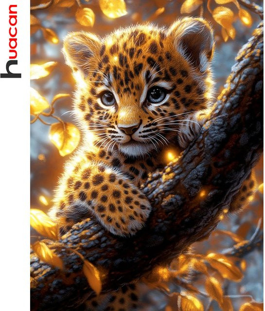 Huacan 5D DIY Diamantmalerei Leopard auf Baum mit runden Steinen in Multicolour, B/H: 20 x 30 cm - Bild 1