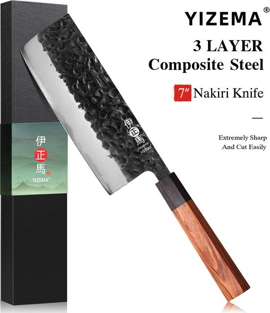 YIZEMA 7-Zoll Nakiri-Messer aus dreischichtigem Verbundstahl und Edelstahl in Silber mit Holzgriff - Bild 1
