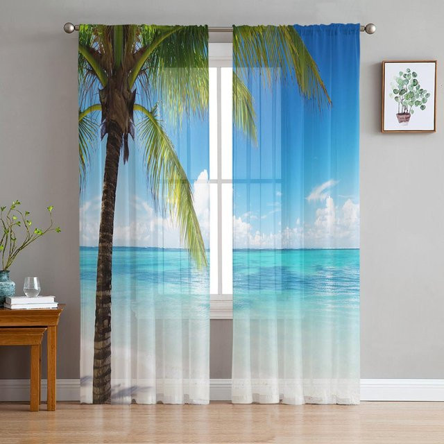 Strand Kokospalme Transparente Vorhänge aus Organza und Tüll in Blau, Breite: 135 cm, Höhe: 115 cm - Bild 1