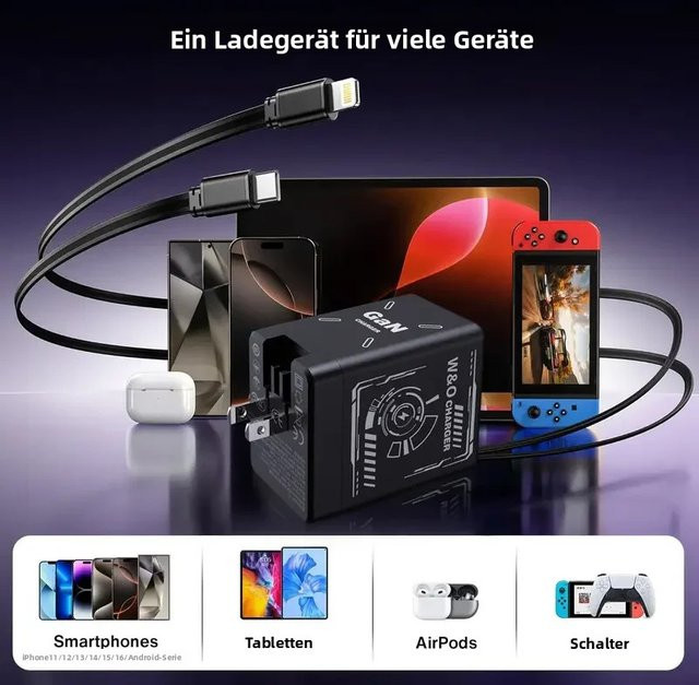 120 W GaN Dual USB-C Schnellladegerät in Schwarz mit einziehbarem 80 cm Kabel und faltbarem Stecker - Bild 1