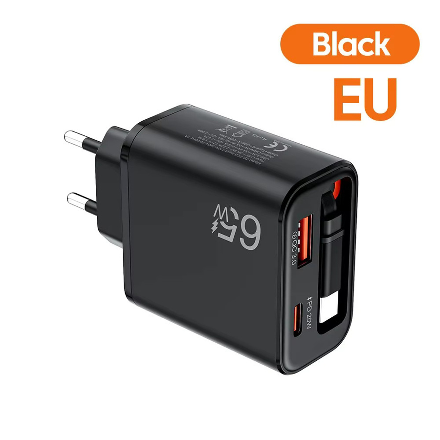 65W USB-C Wandladegerät mit einziehbarem Super-Schnellladekabel in Schwarz für iPhone, POCO und Xiaomi mit QC 3.0 und USB PD Unterstützung - Bild 5