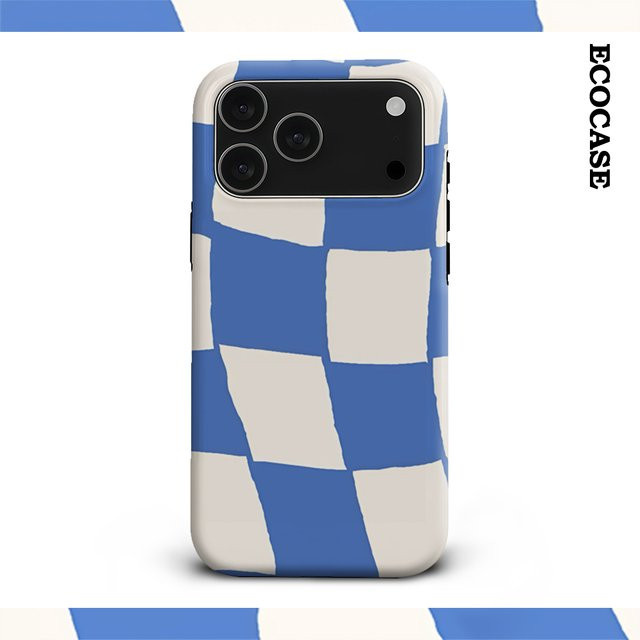 Wavy Blue Checker Handyhülle für iPhone 17 16 15 14 13 12 11 Pro Max Plus mit doppelschichtiger Rückseite in Blau - Bild 1