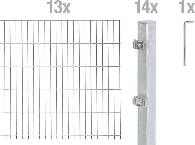 Metallzaun Grund-Set Doppelstabmatte aus Stahl, feuerverzinkt, Farbe: Silber, für Erdbodenmontage, B/H: 2 m x 1,4 m - Bild 1