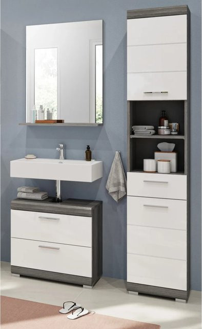 Inn.Furn Badmöbel-Set Shawn 3-teilig in Weiß Hochglanz und Grau, Breite: 112 cm - Bild 1