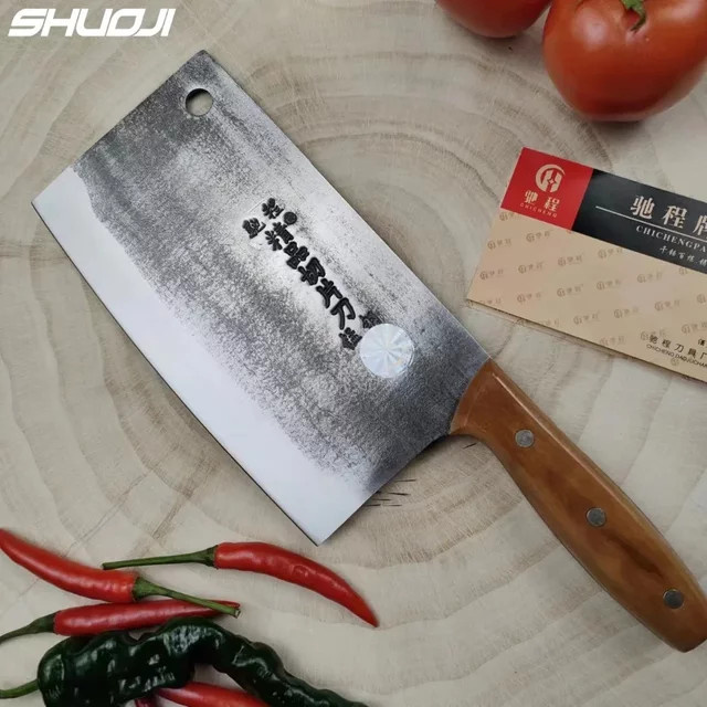 Traditionelles chinesisches Küchenbeilmesser von SHUOJI aus handgeschmiedetem Kohlenstoffstahl mit Rosenholzgriff in Silber - Bild 1