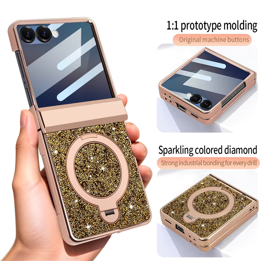 Glitzer-Kunstleder-Handyhülle für Samsung Z Flip 7 und Samsung Z Flip 6 in Gold mit magnetischem drehbarem Ständer, Anti-Spionage-Folie und Scharnierschutz - Bild 3