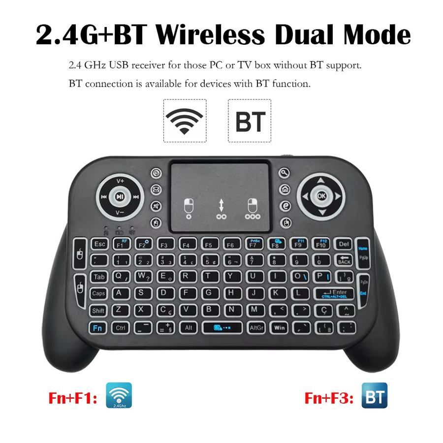 MRSVI V8 Mini-Tastatur mit Touchpad und Air Mouse Fernbedienung, 2,4G/Bluetooth, 7-Farben Hintergrundbeleuchtung, Schwarz/Multicolor, für Android TV Box, Smart TV, HTPC und PC - Bild 3